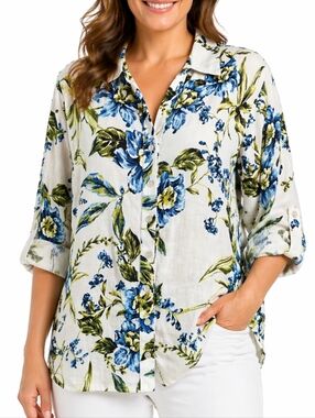 Joie 100% Linen Blue Green White Floral Print Roll Tab Sleeve Button Down Shirt
